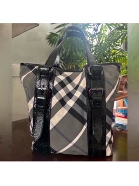 Burberry Black and Gray Plaid Messenger Tote with Patent Trim